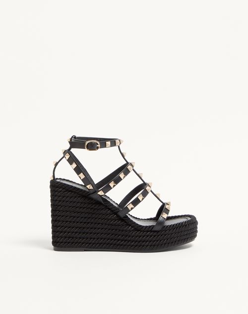 Valentino Garavani - Rockstud Ankle Strap Wedge Sandal In Calfskin Leather 95 Mm - Black - Woman - Espadrilles And Wedges